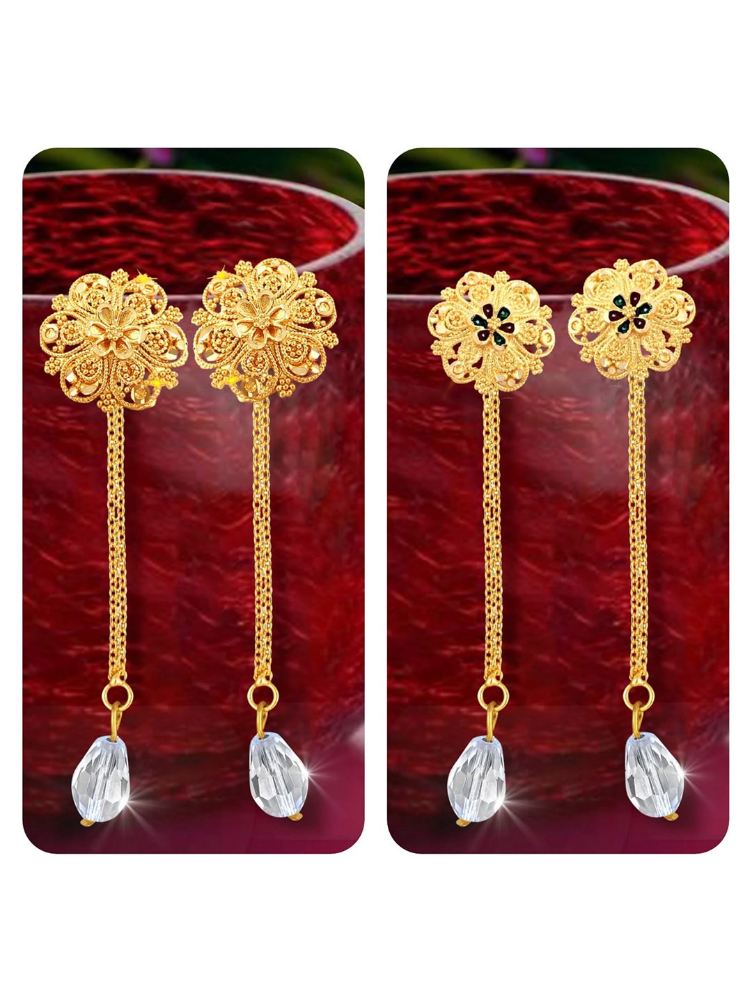 Vighnaharta Set Of 2 Gold-Plated Studs With Drop Earrings