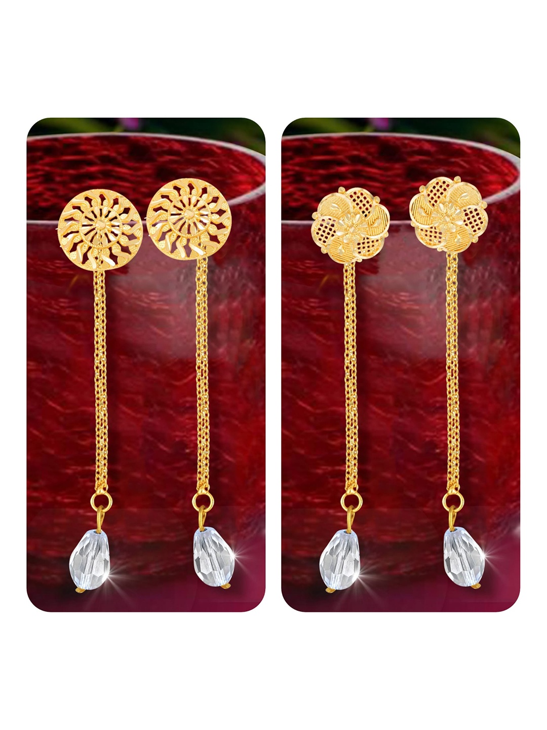 

Vighnaharta Set Of 2 Gold-Plated Crystals-Studded Drop Earrings