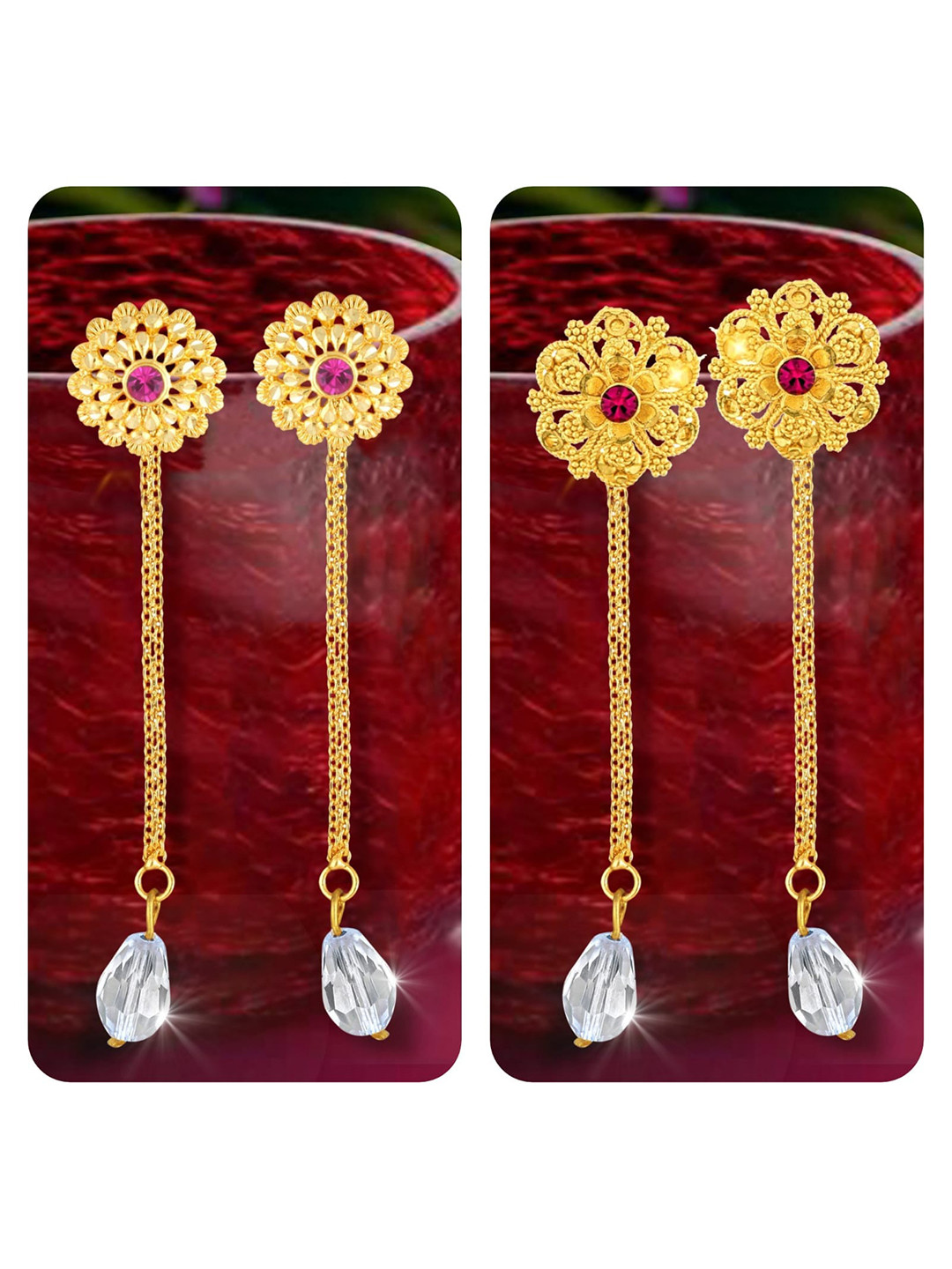 

Vighnaharta Set Of 2 Gold-Plated Stud Earrings With Removable Chain Drop