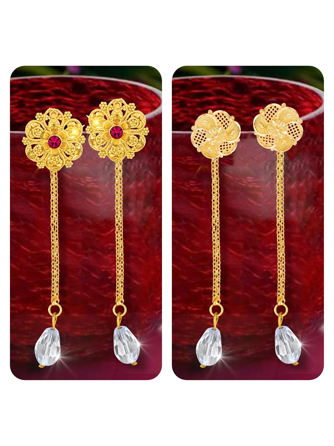 

Vighnaharta Set Of 2 Gold-Plated Crystals-Studded Drop Earrings