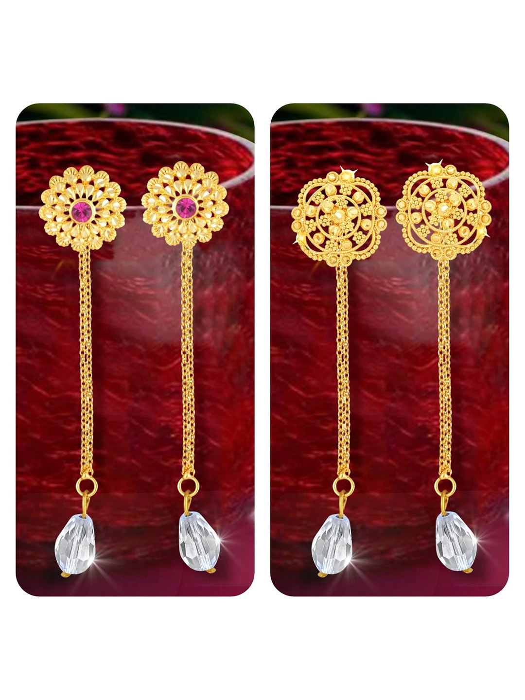 Vighnaharta Set Of 2 Gold-Plated Crystals-Studded Drop Earrings