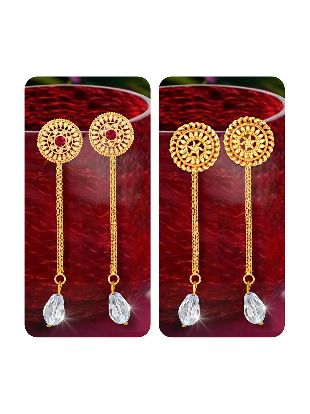 

Vighnaharta Set Of 2 Gold-Plated Crystals-Studded Drop Earrings