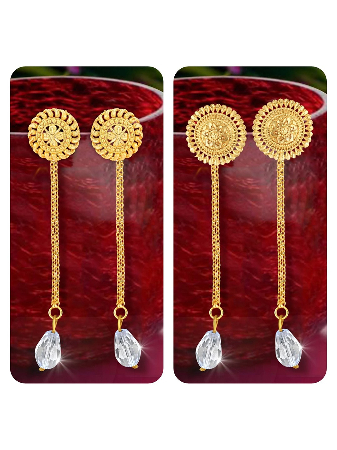 

Vighnaharta Set Of 2 Gold-Plated Crystals-Studded Drop Earrings