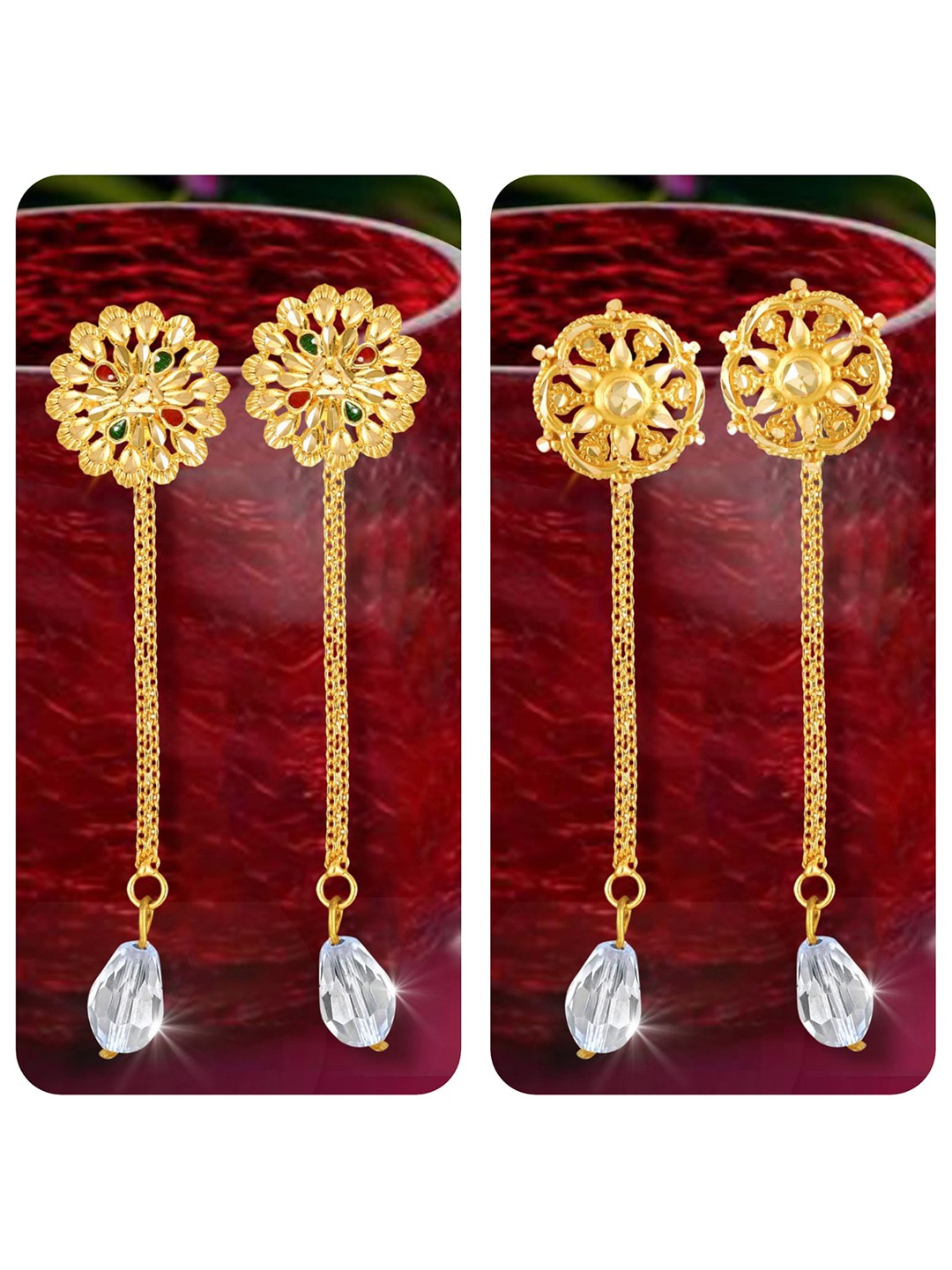 

Vighnaharta Set Of 2 Gold-Plated Studs Earrings With Removable Jhumkis