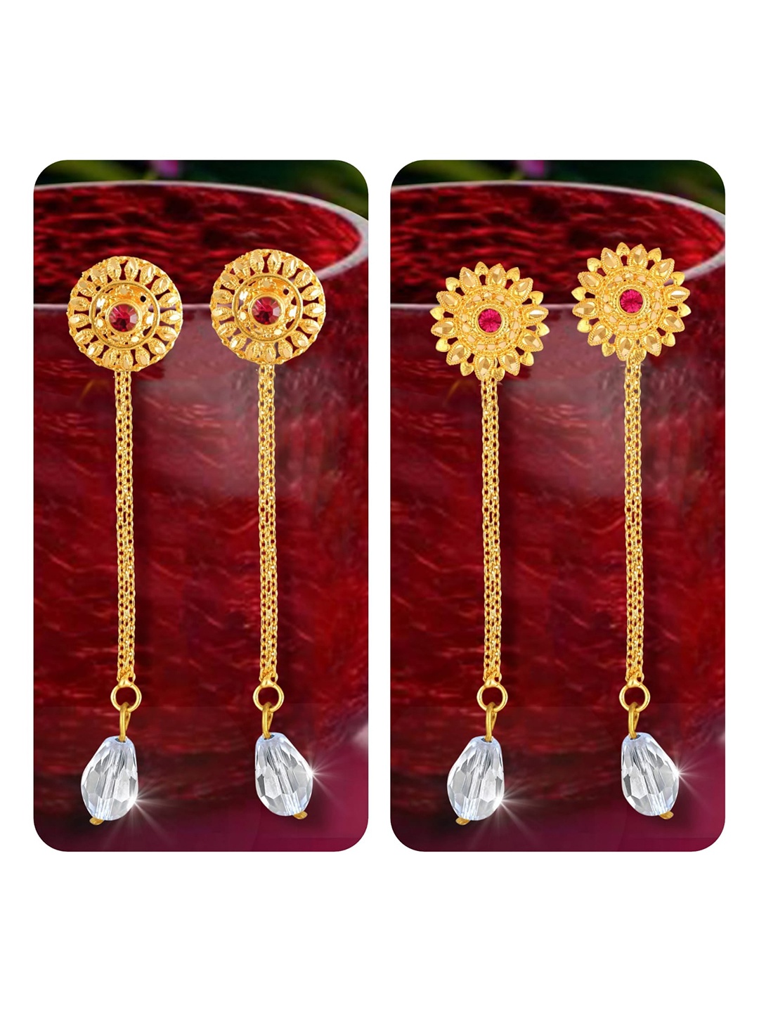 

Vighnaharta Set Of 2 Gold-Plated Crystal Studded Drop Earrings With Removable Studs