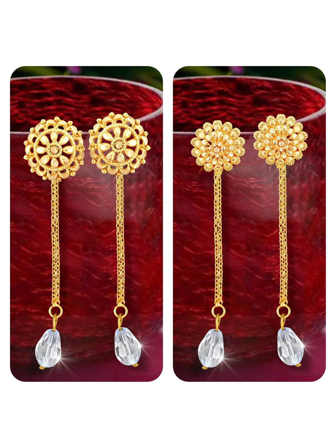 

Vighnaharta Set Of 2 Gold-Plated Crystal Studded Drop Earrings With Removable Studs