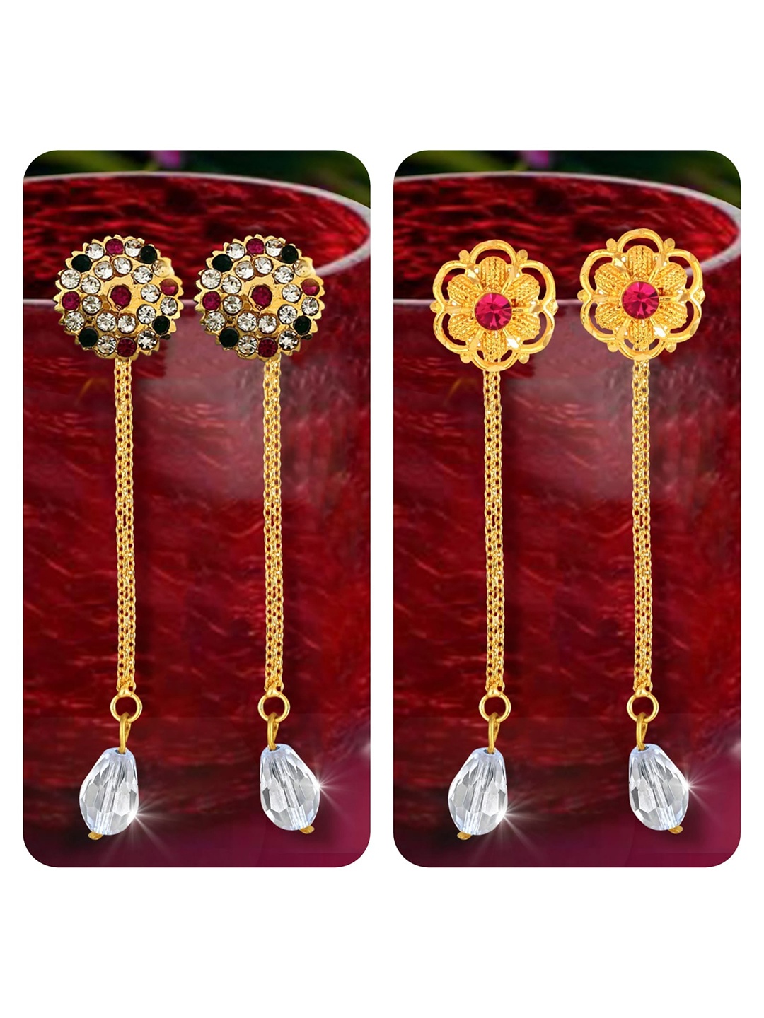 

Vighnaharta Set Of 2 Gold-Plated Crystals-Studded Drop Earrings