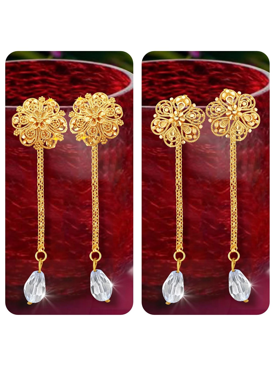 

Vighnaharta Set Of 2 Gold Plated Crystals Drop Earrings