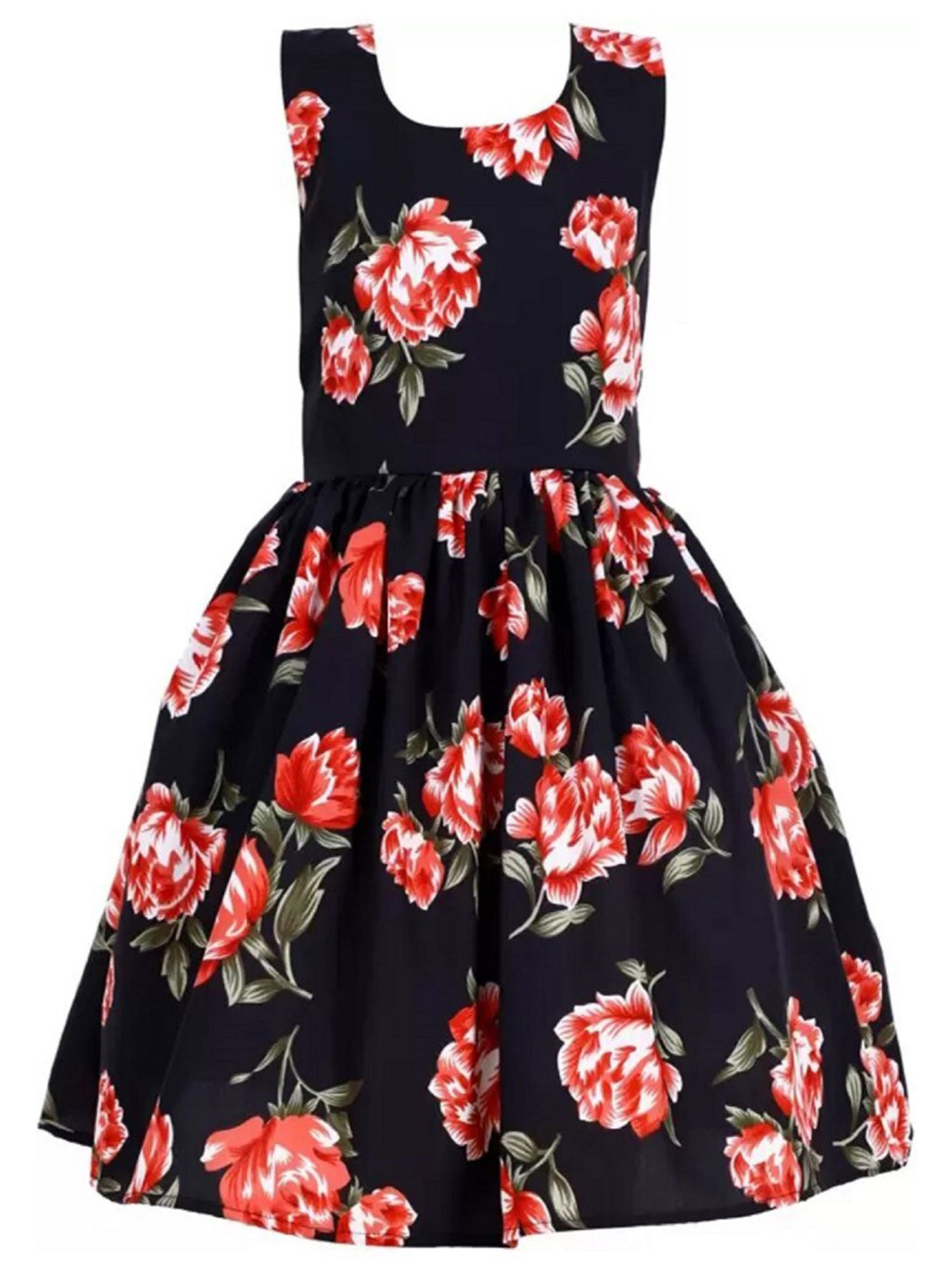 

BAESD Girls Floral Printed Gathered Detailed Cotton Fit & Flare Dress, Black