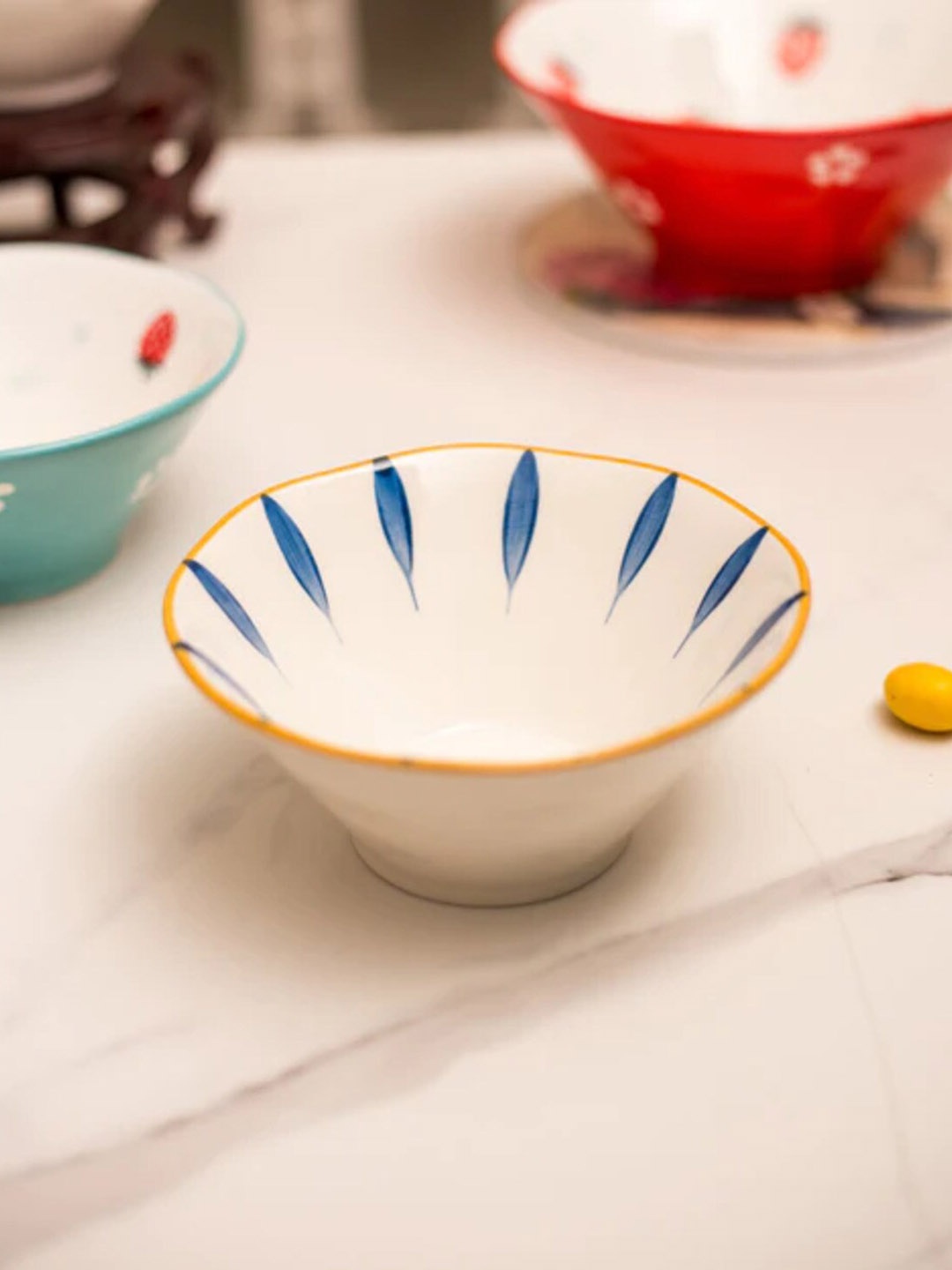 

THEDECORKART White & Yellow Printed Ceramic Serving Bowl