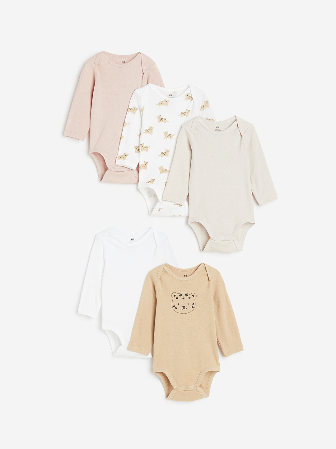 

H&M Boys Pure Cotton 5-Pack Long-Sleeved Bodysuits, Beige