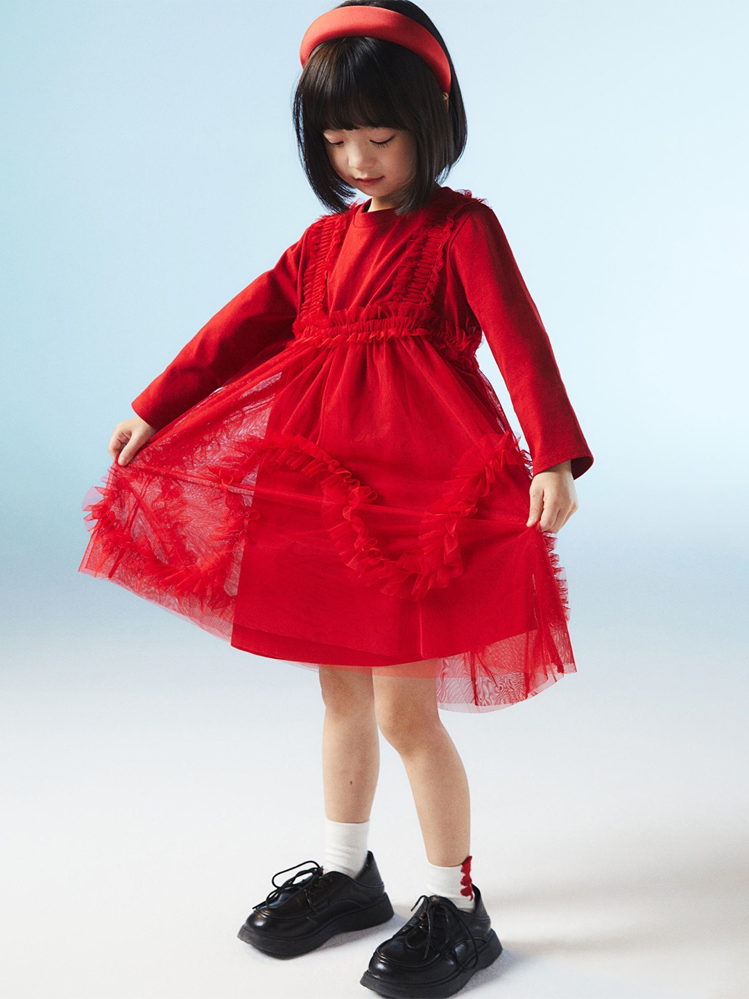 

H&M Girls Pure Cotton Frill-Trimmed Tulle Dress, Red