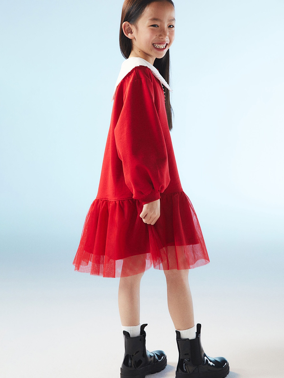 

H&M Girls Pure Cotton Collared Sweatshirt Dress, Red