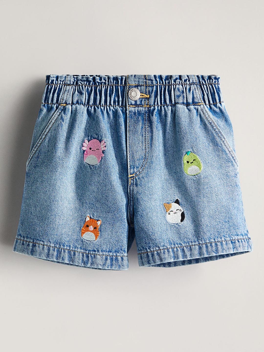 

H&M Girls Pure Cotton Embroidered-Motif Denim Paper Bag Shorts, Blue