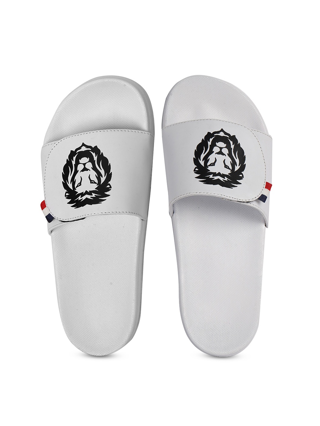 

CLOSHO Men Lion Printed Sliders With Velcro Closure, White