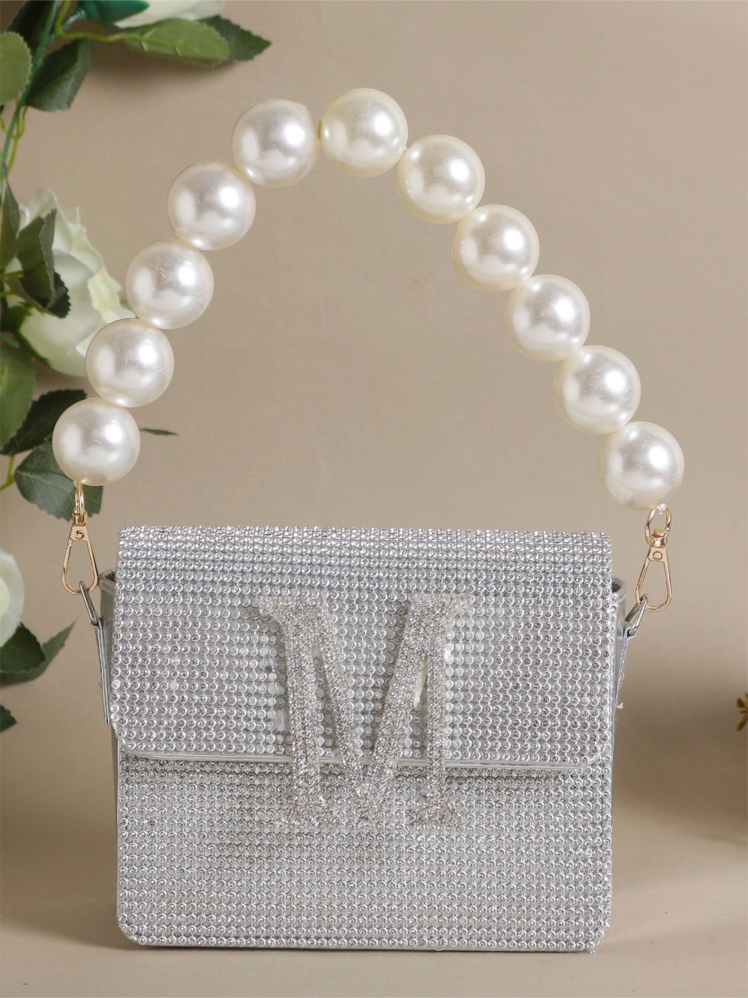 

Swisni Embellished Fabric Box Clutch, Silver