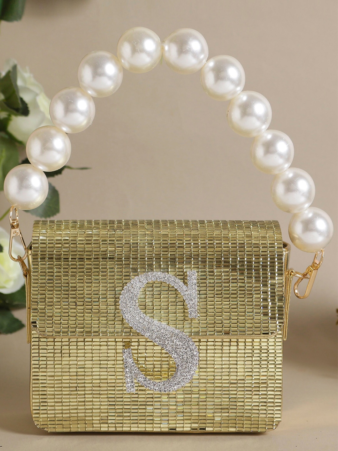 

Swisni Embellished Customized Initial Box Clutch, Gold