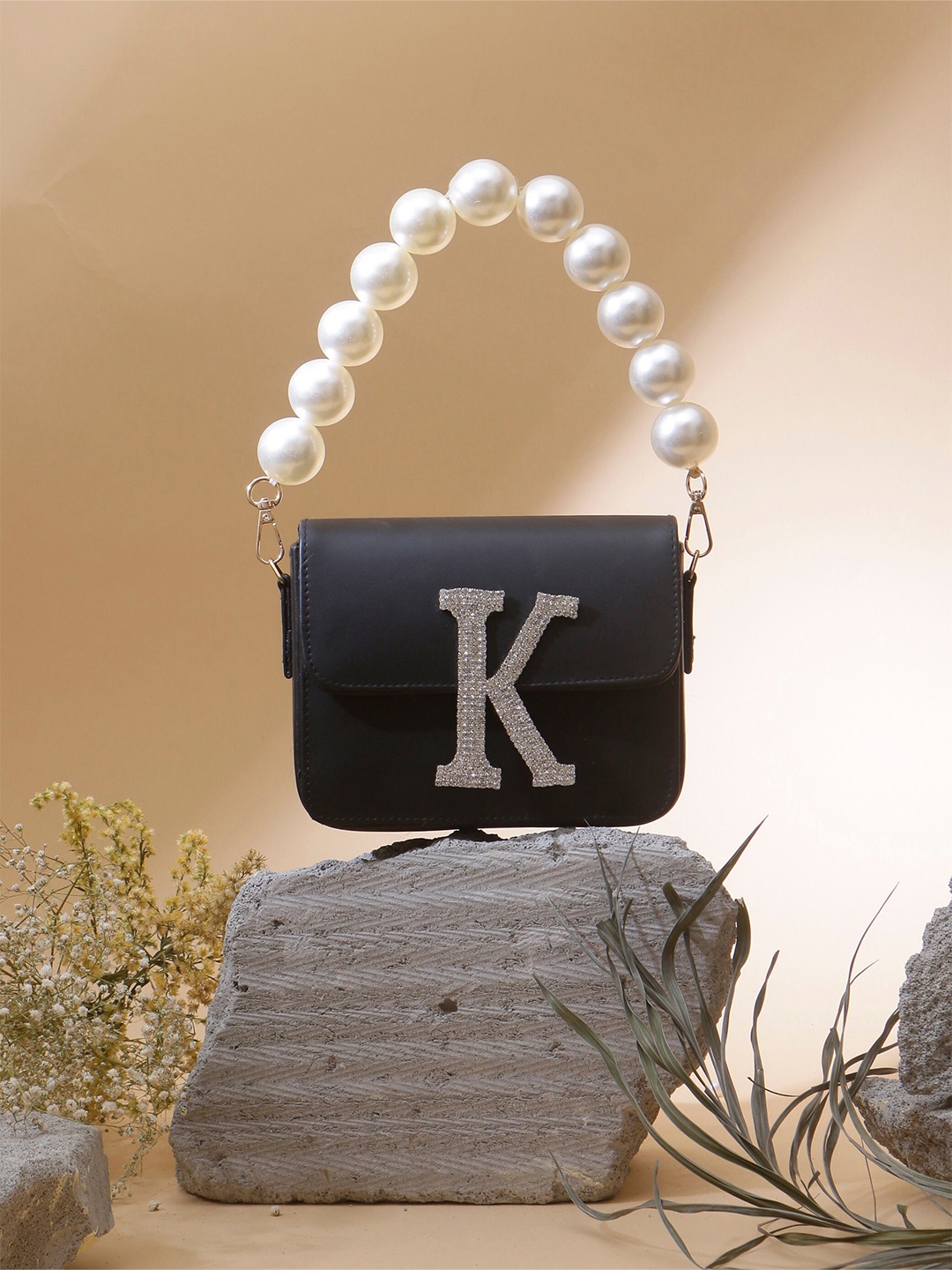 

Swisni Embellished Initial Flap Customized Purse Clutch, Black