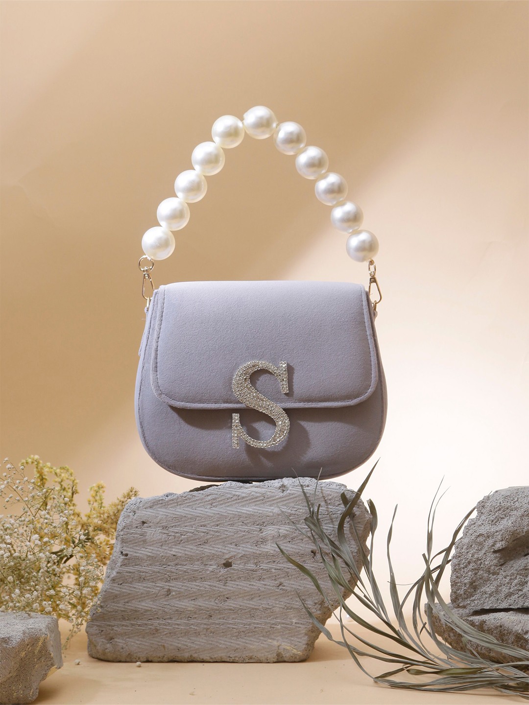 

Swisni Embellished Initial Flap Seude Purse Clutch, Grey