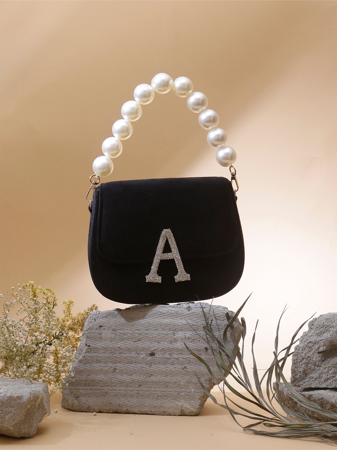 

Swisni Embellished Initial Flap Seude Purse Clutch, Black