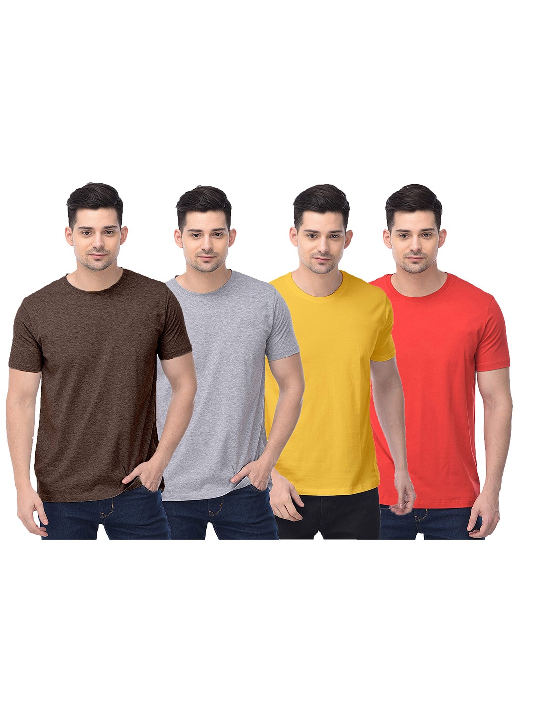 

COLOR CAPITAL Pack Of 4 Round Neck Cotton T Shirts, Brown