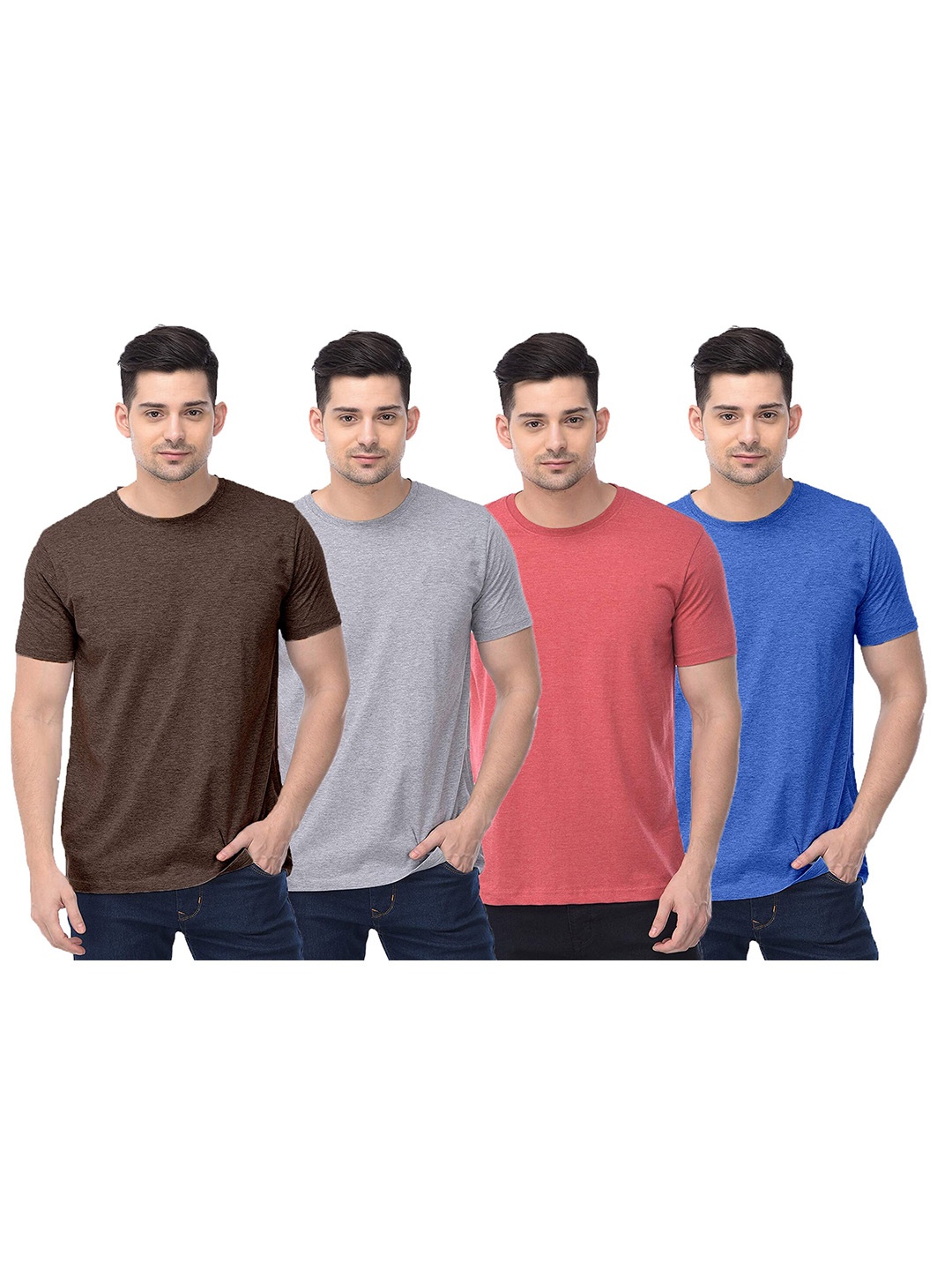 COLOR CAPITAL Pack Of 4 Round Neck Cotton T Shirts, Brown
