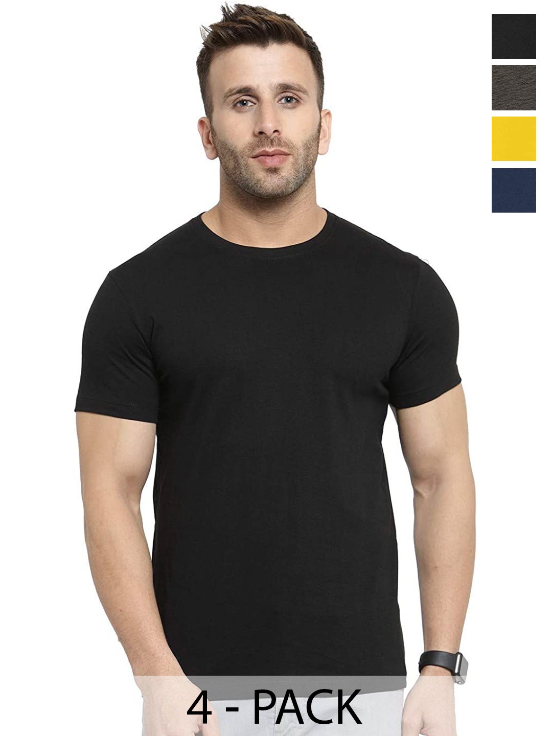 

COLOR CAPITAL Unisex Pack Of 4 Round Neck Cotton T-shirt, Black
