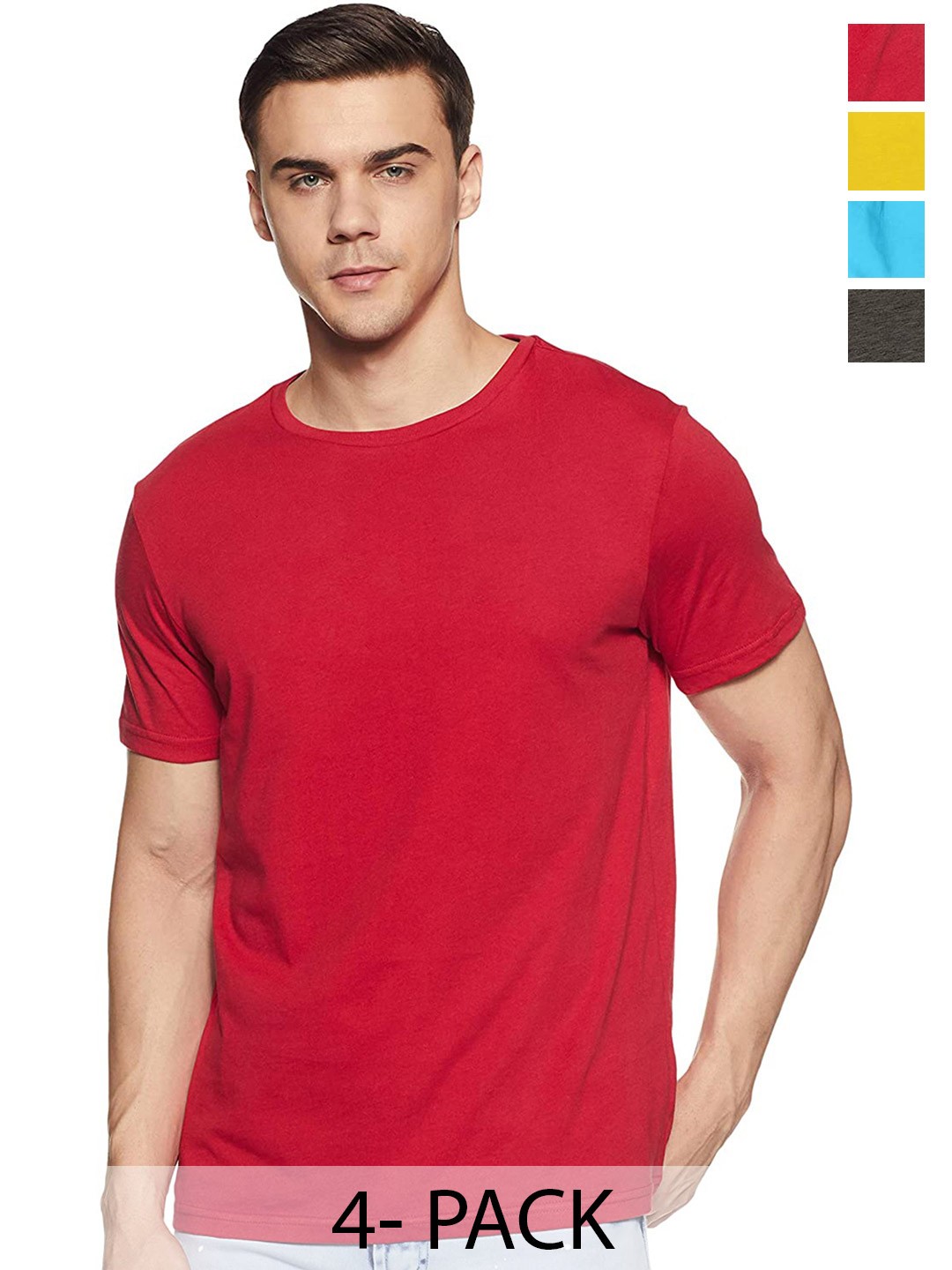 

COLOR CAPITAL Pack Of 4 Round Neck Cotton T-Shirts, Red