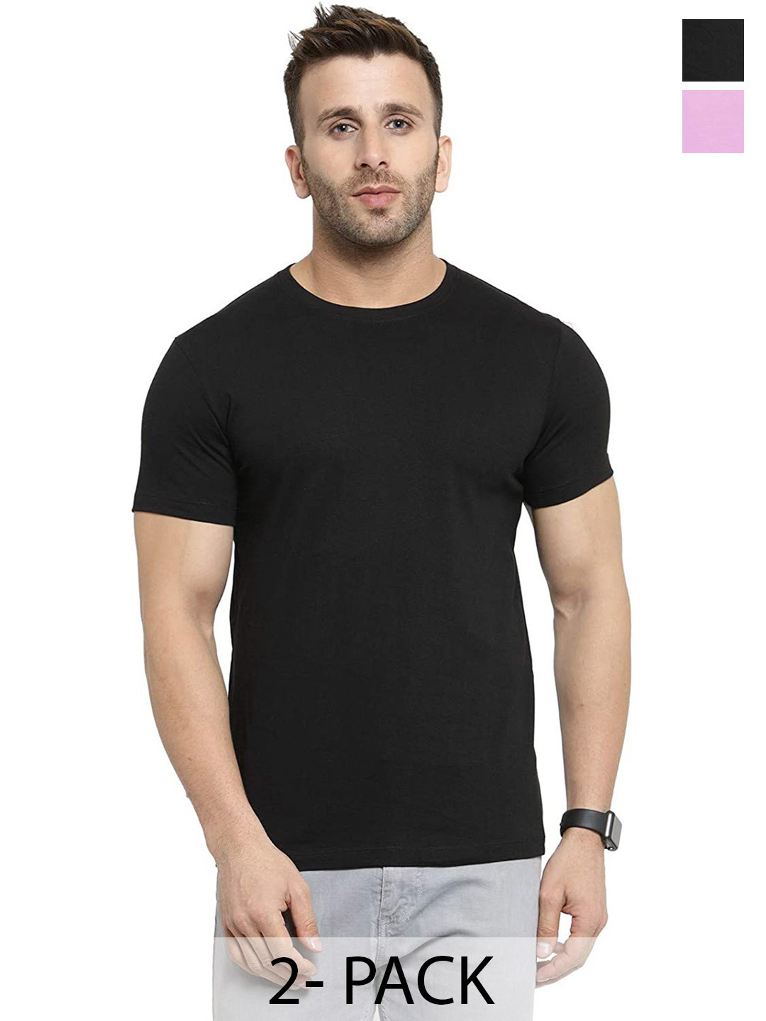 

COLOR CAPITAL Unisex Pack Of 2 Round Neck Cotton T-shirts, Black