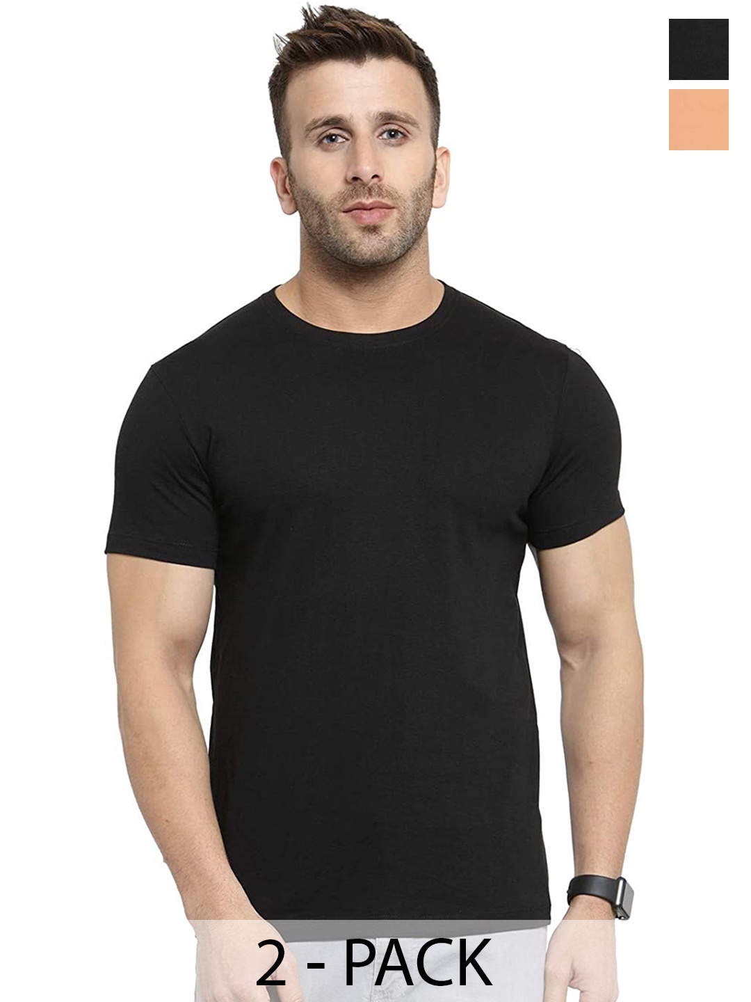

COLOR CAPITAL Pack Of 2 Short Sleeves Cotton T-shirt, Black