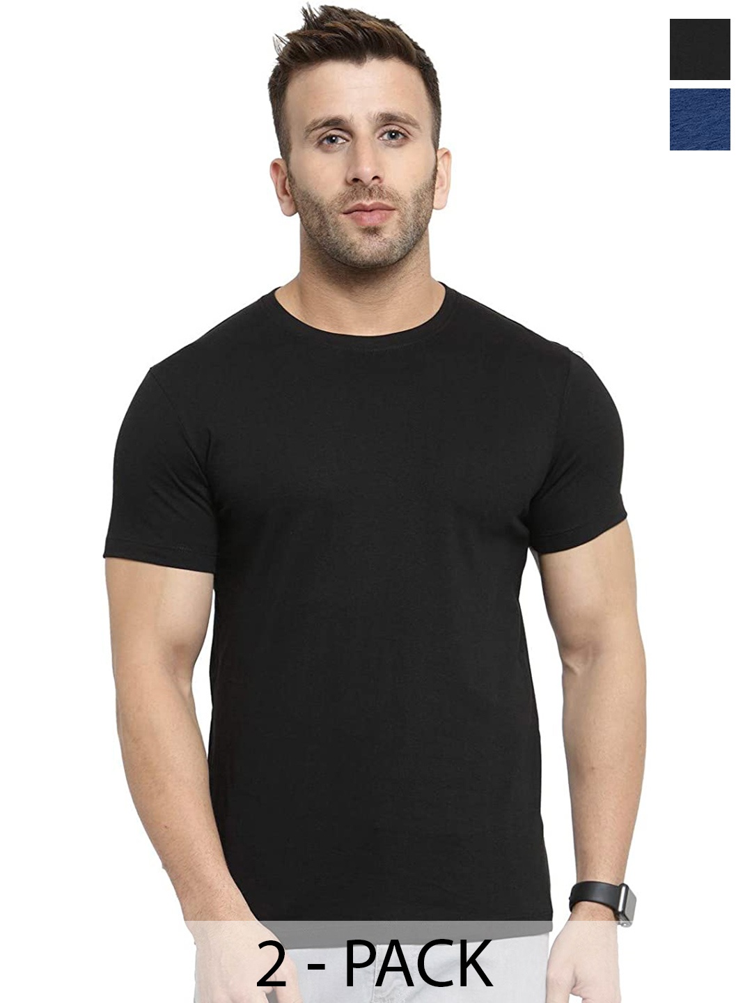 

COLOR CAPITAL Unisex Pack Of 2 Round Neck Short Sleeves Cotton T-shirts, Black
