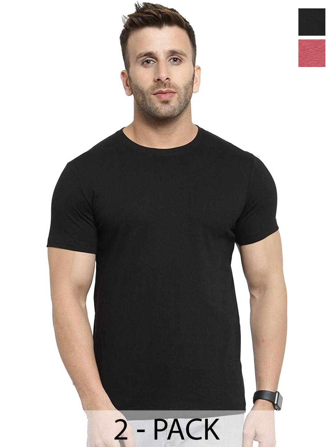 

COLOR CAPITAL Unisex Pack Of 2 Round Neck Cotton T-shirt, Black