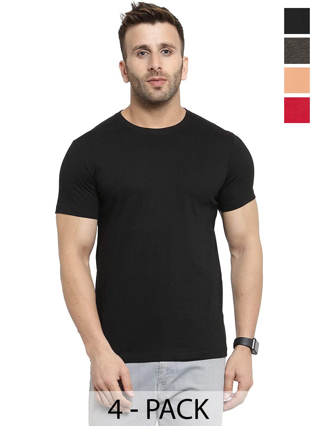 

COLOR CAPITAL Unisex Pack Of 4 Round Neck Cotton T-shirt, Black