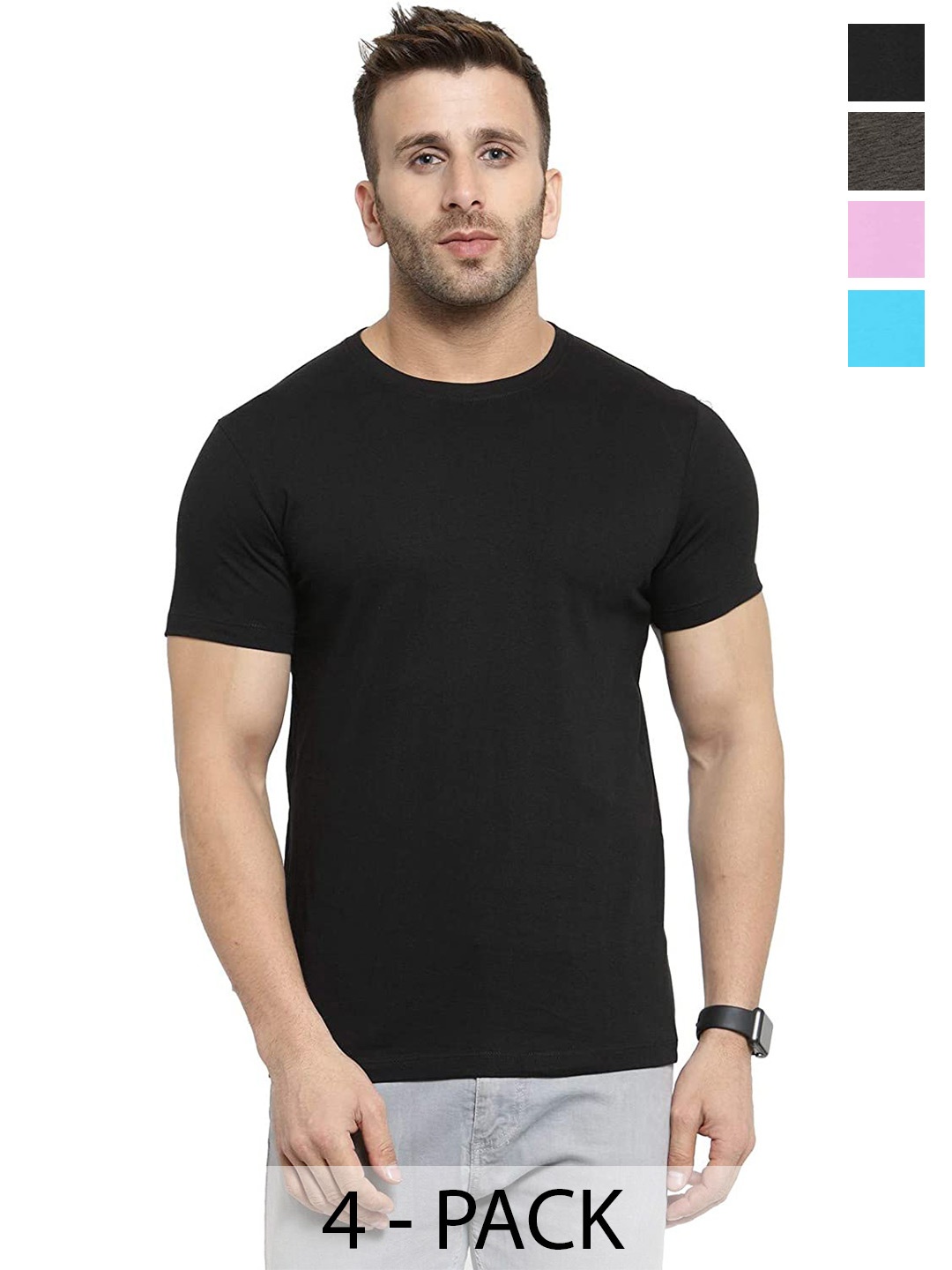 

COLOR CAPITAL Unisex Pack Of 4 Round Neck Casual T-shirt, Black