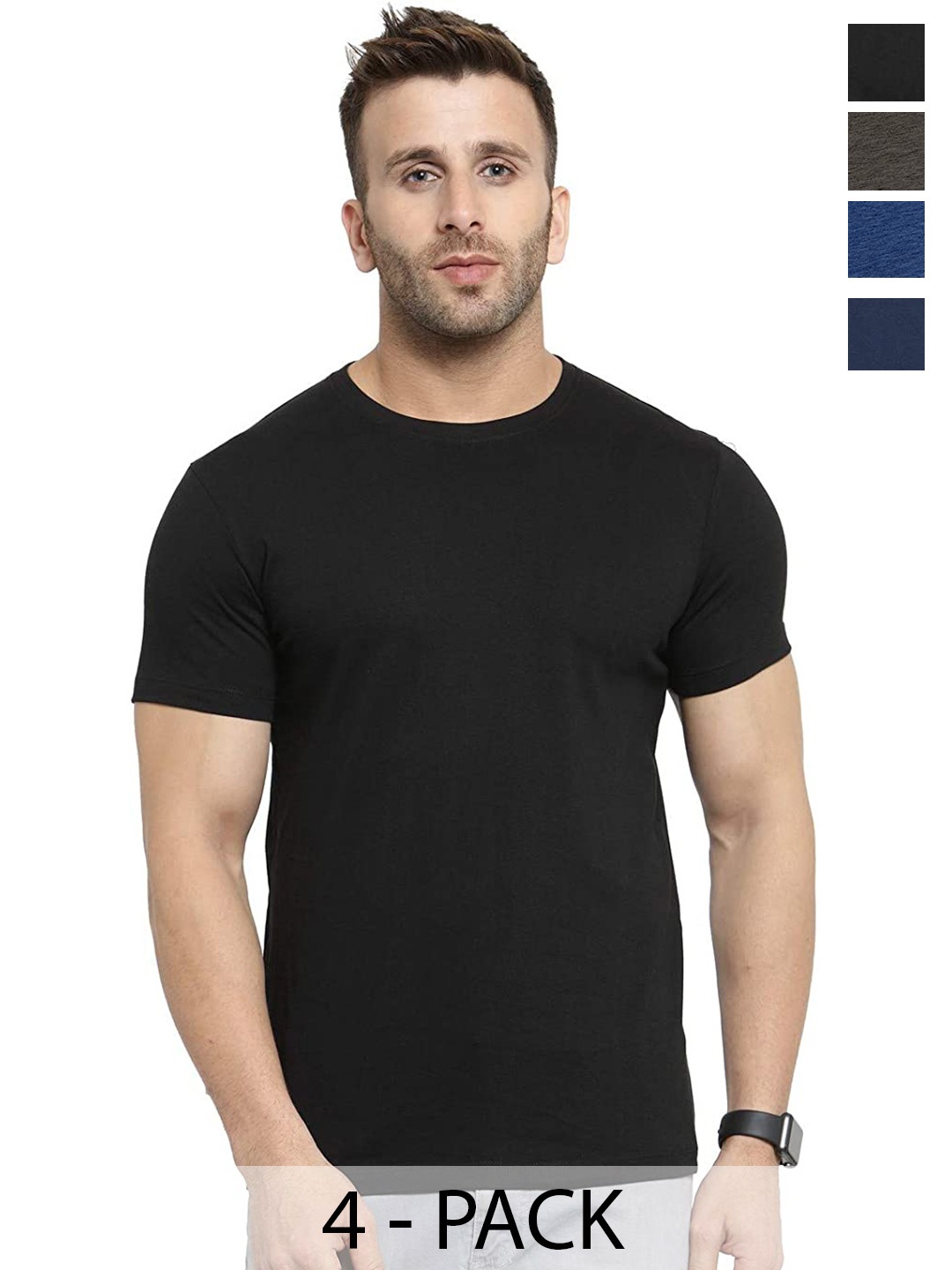 

COLOR CAPITAL Unisex Pack Of 4 Round Neck Cotton T-shirt, Black