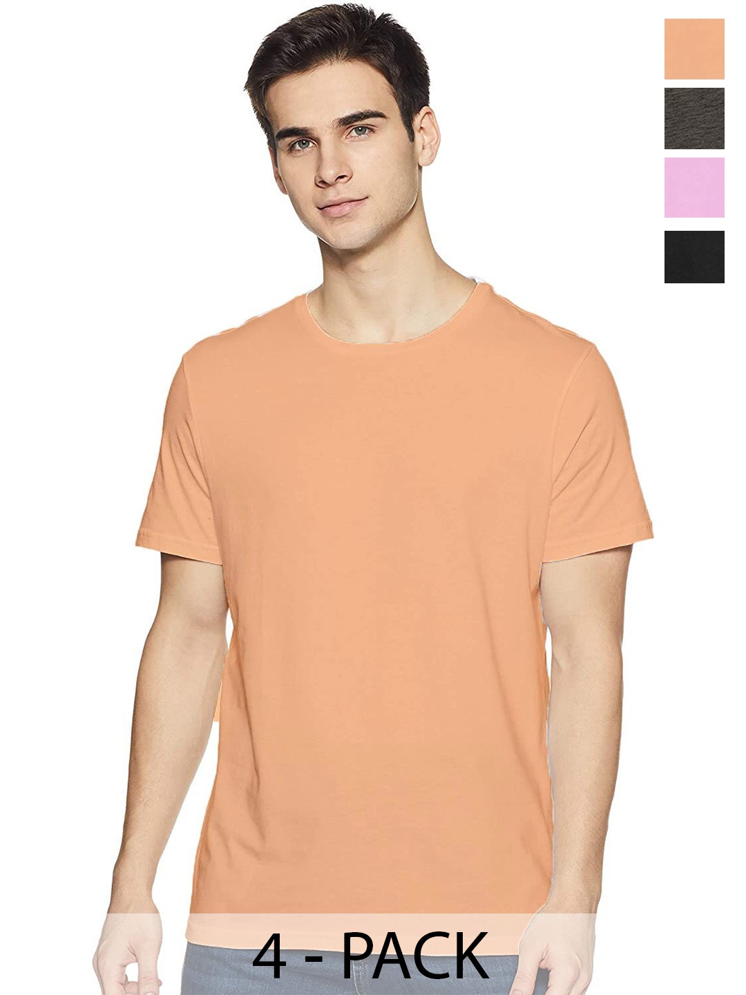 

COLOR CAPITAL Unisex Pack Of 4 Round Neck Cotton T-shirt, Peach