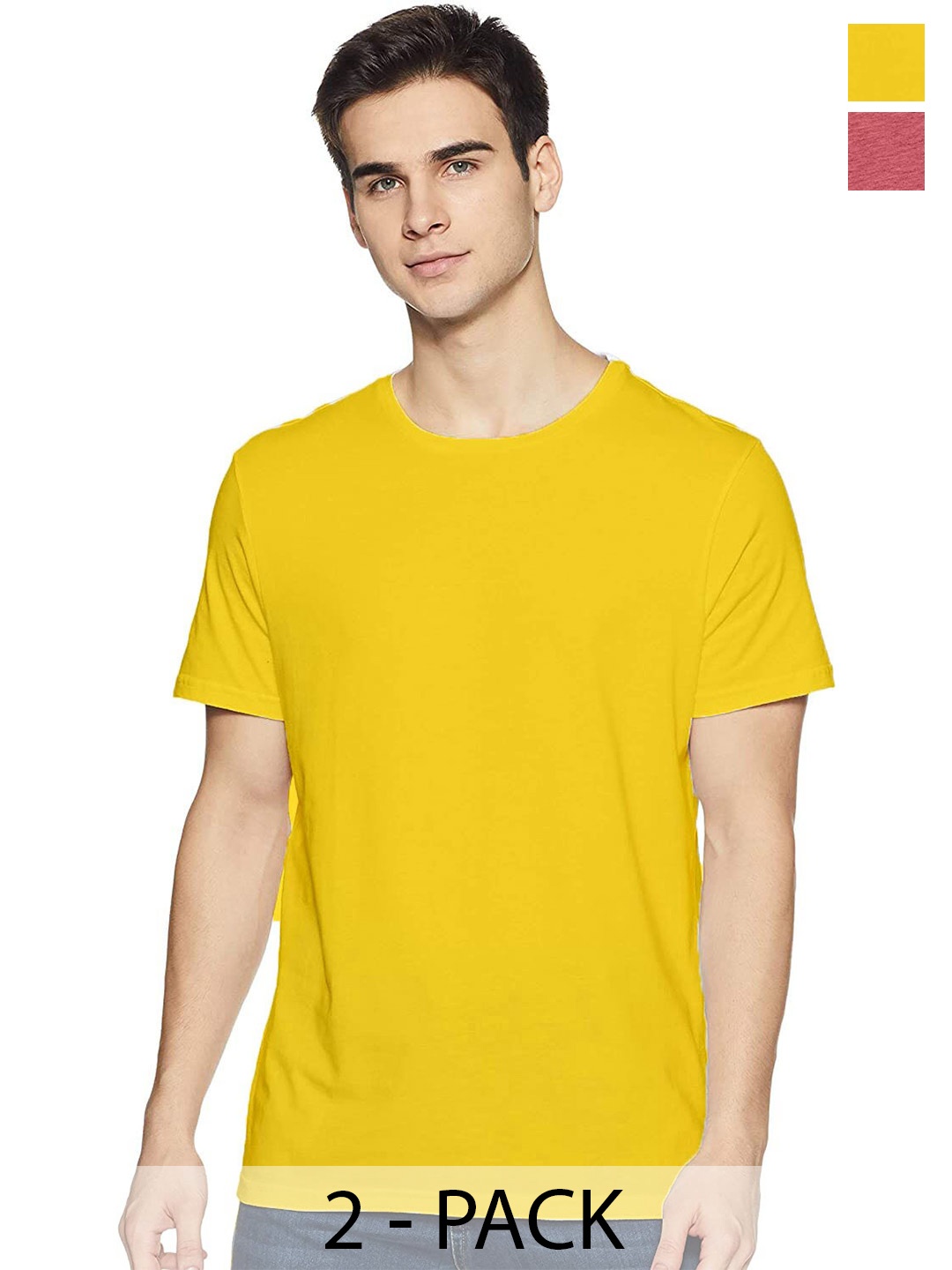 

COLOR CAPITAL Pack Of 2 Round Neck Cotton T-Shirts, Yellow