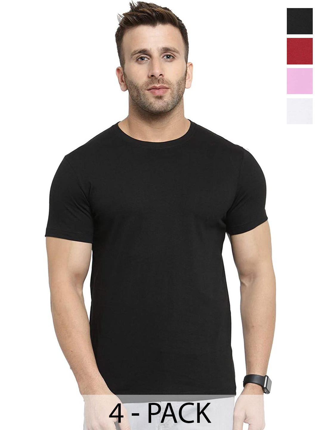 

COLOR CAPITAL Unisex Pack Of 4 Round Neck Cotton T-shirt, Black