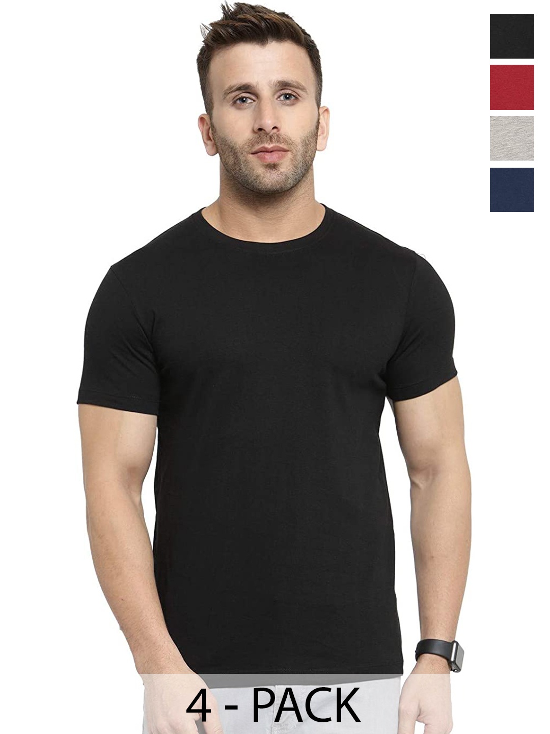 

COLOR CAPITAL Unisex Pack Of 4 Round Neck Cotton T-shirt, Black