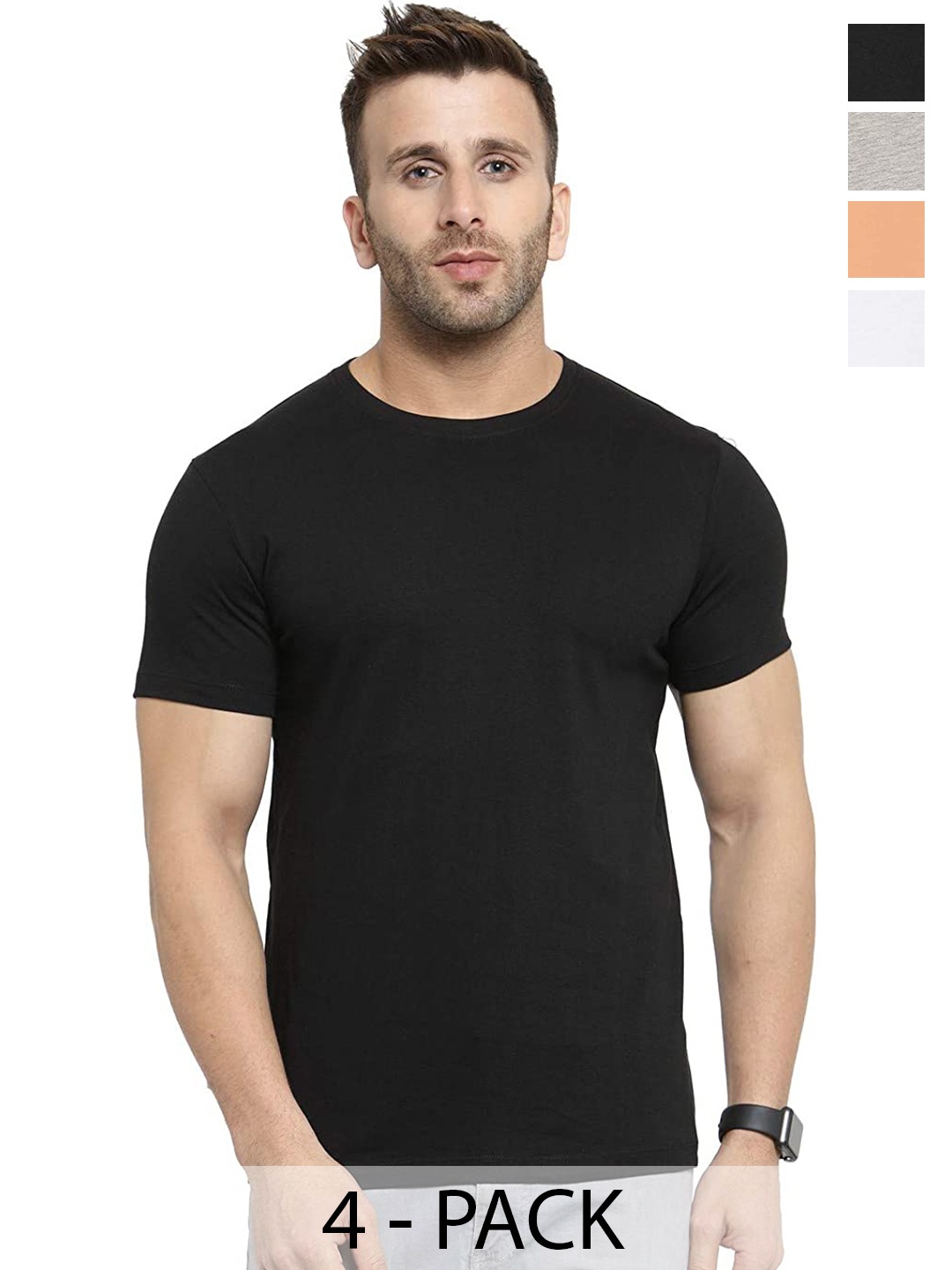 

COLOR CAPITAL Pack Of 4 Round Neck Cotton T-Shirts, Black