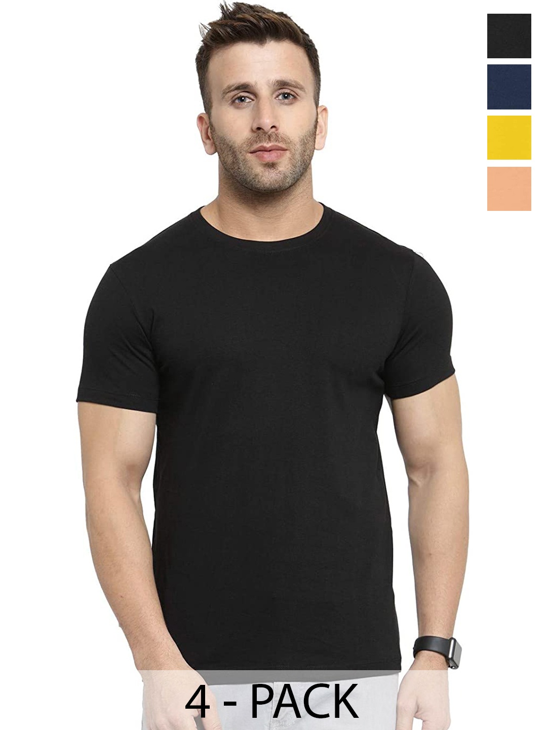 

COLOR CAPITAL Pack Of 4 Round Neck Cotton T-Shirts, Black