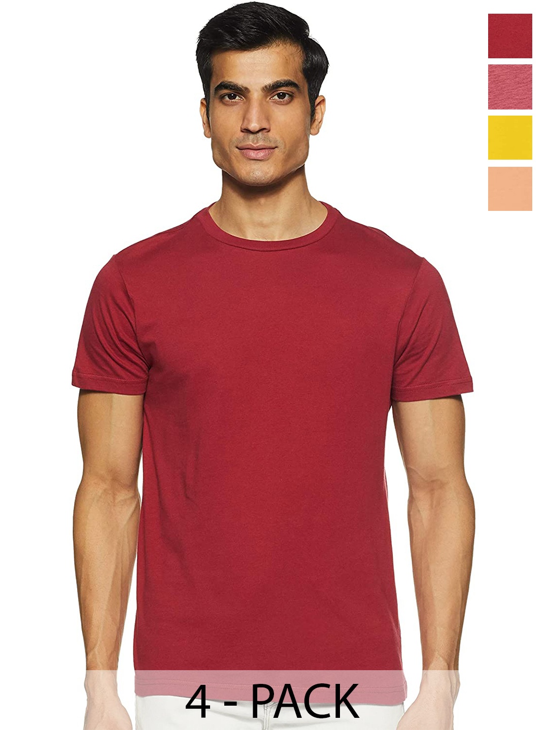 

COLOR CAPITAL Pack Of 4 Round Neck Cotton T Shirts, Maroon