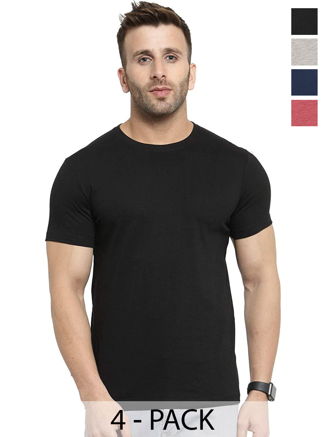 

COLOR CAPITAL Unisex Pack Of 4 Round Neck Cotton T-shirts, Black
