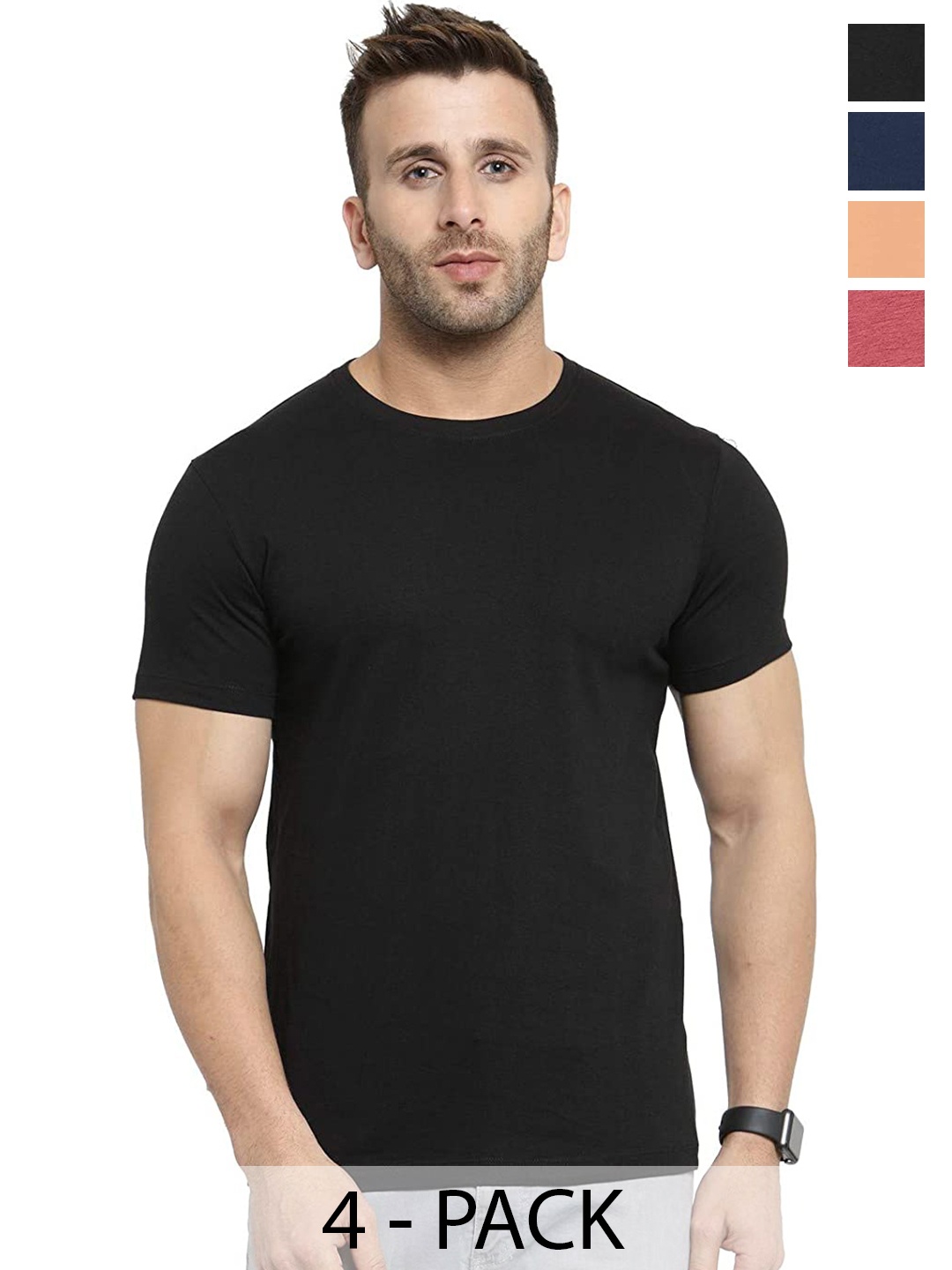 

COLOR CAPITAL Unisex Pack Of 4 Round Neck Cotton T-shirts, Black