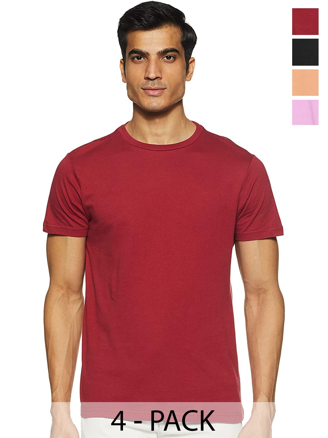 

COLOR CAPITAL Unisex Pack Of 4 Round Neck Cotton T-shirt, Red