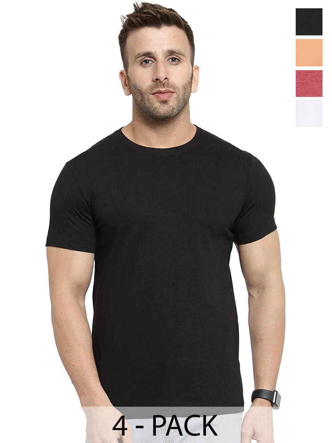 

COLOR CAPITAL Pack of 4 Round Neck Cotton T-shirts, Black