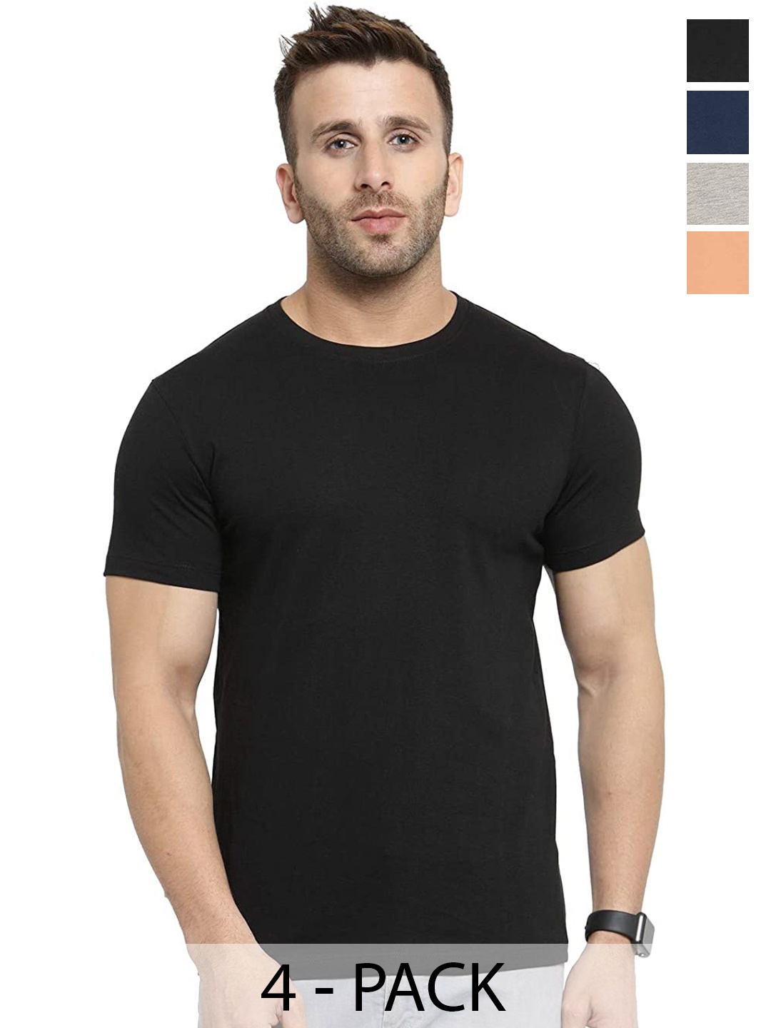 

COLOR CAPITAL Pack of 4 Round Neck Cotton T-shirts, Black