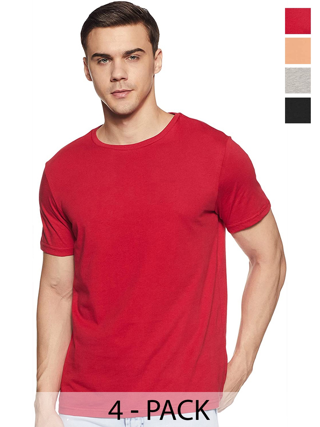 

COLOR CAPITAL Unisex Pack Of 4 Round Neck Cotton T-shirt, Red