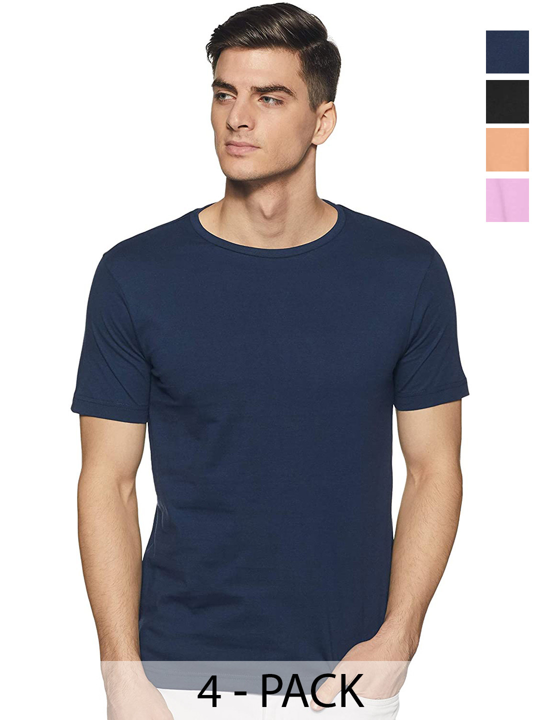 

COLOR CAPITAL Unisex Pack Of 4 Round Neck Cotton T-shirt, Navy blue