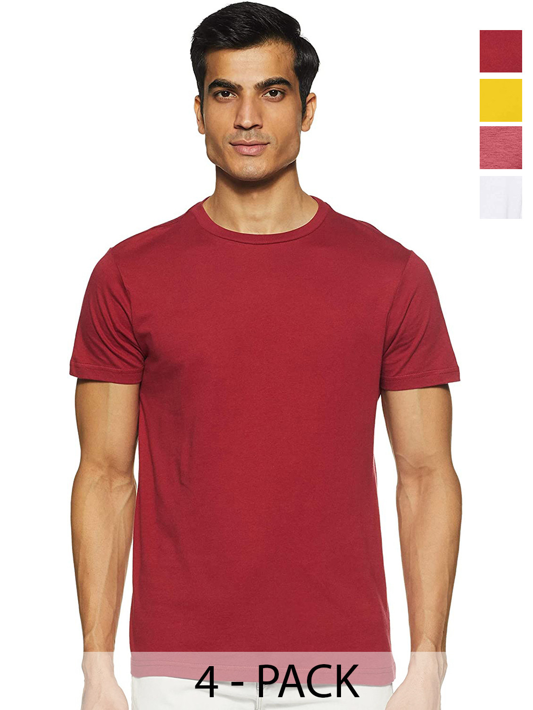 

COLOR CAPITAL Unisex Pack Of 4 Round Neck Cotton T-shirt, Red